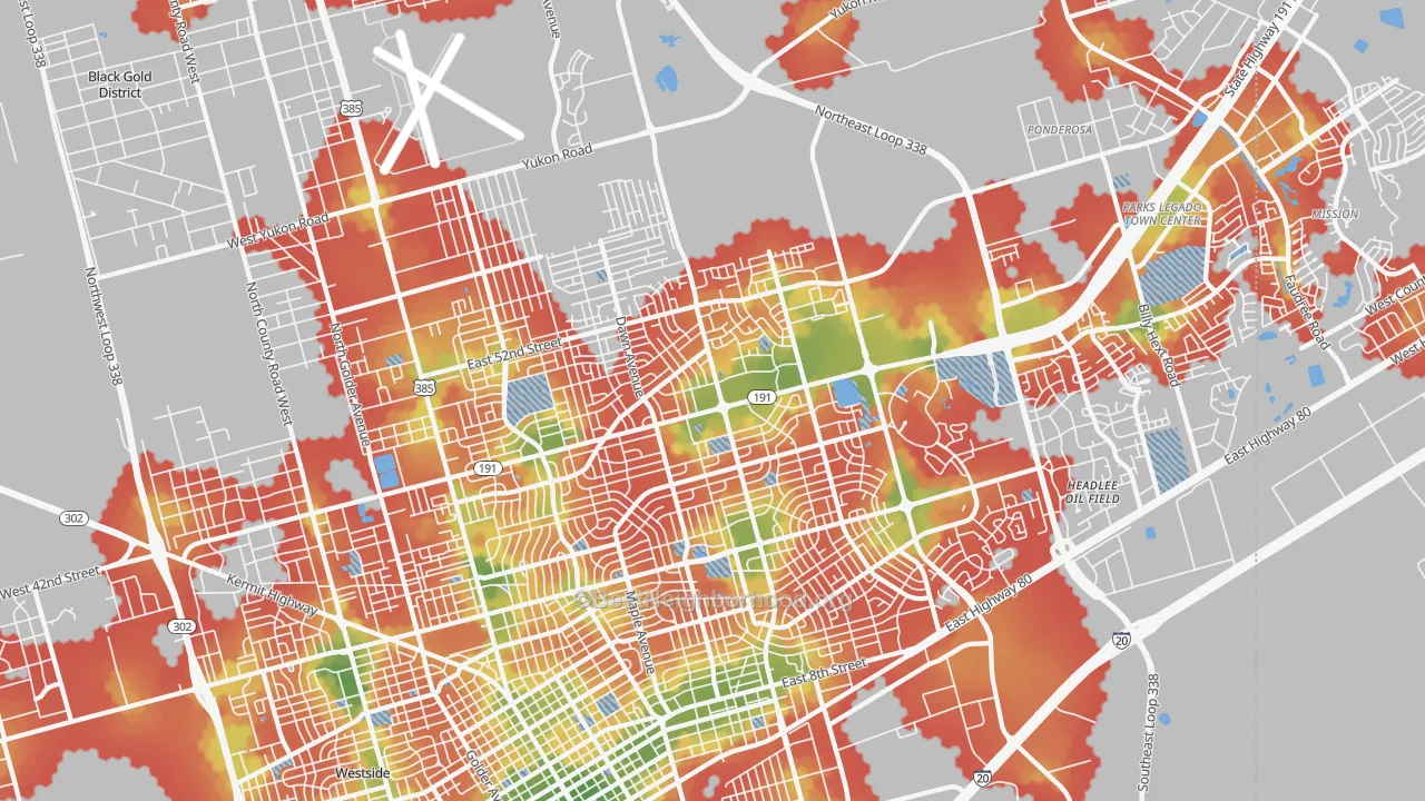 Walk Grade map of 79762, TX, walkable areas in green and car-dependent areas in red