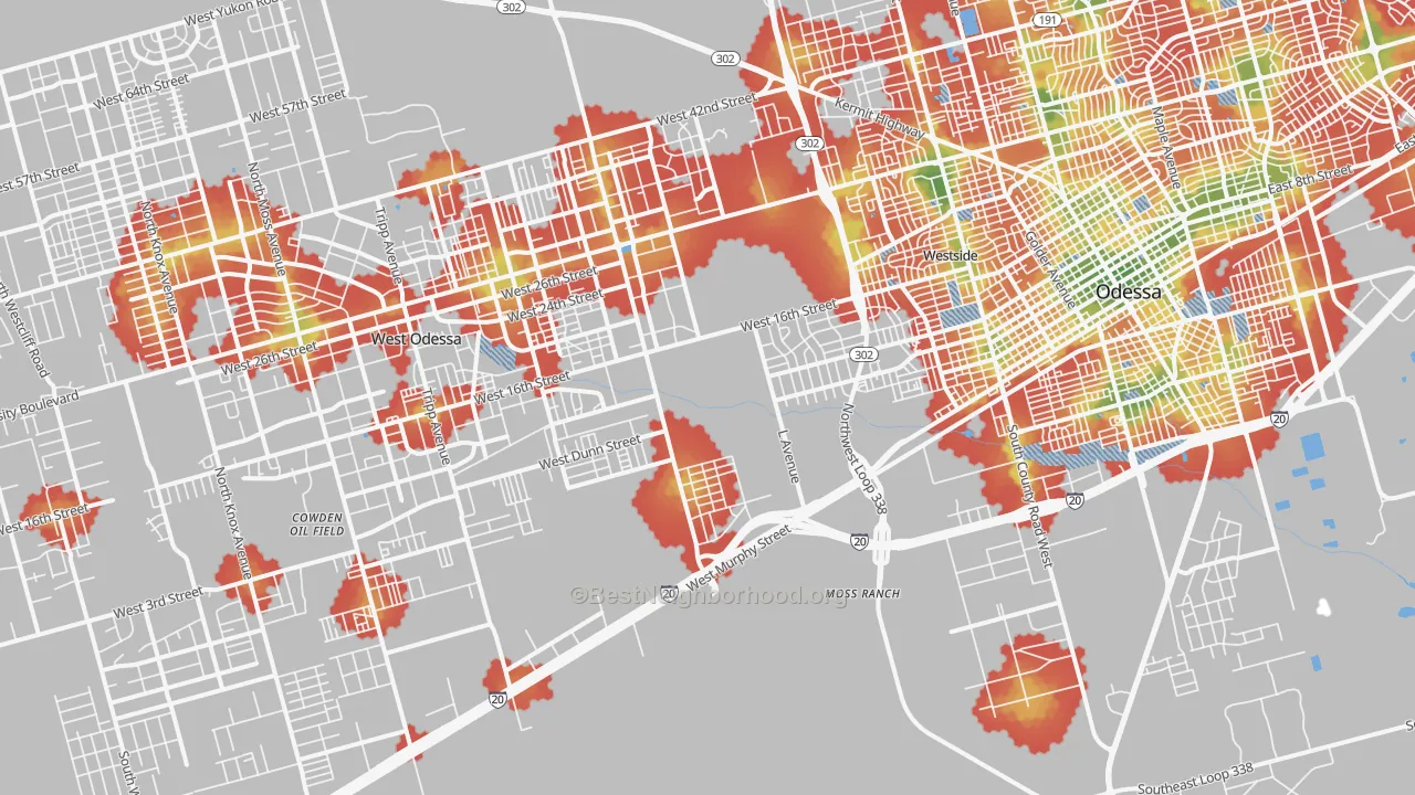 Walk Grade map of 79763, TX, walkable areas in green and car-dependent areas in red
