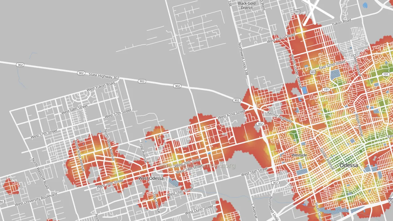Walk Grade map of 79764, TX, walkable areas in green and car-dependent areas in red