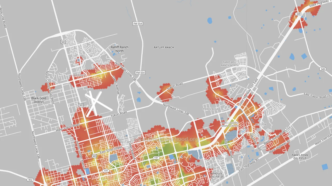 Walk Grade map of 79765, TX, walkable areas in green and car-dependent areas in red