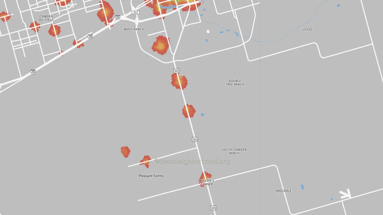 Walk Grade map of 79766, TX, walkable areas in green and car-dependent areas in red