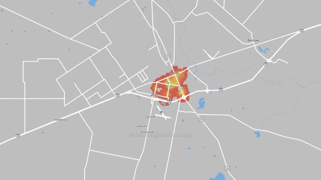 Walk Grade map of 79772, TX, walkable areas in green and car-dependent areas in red