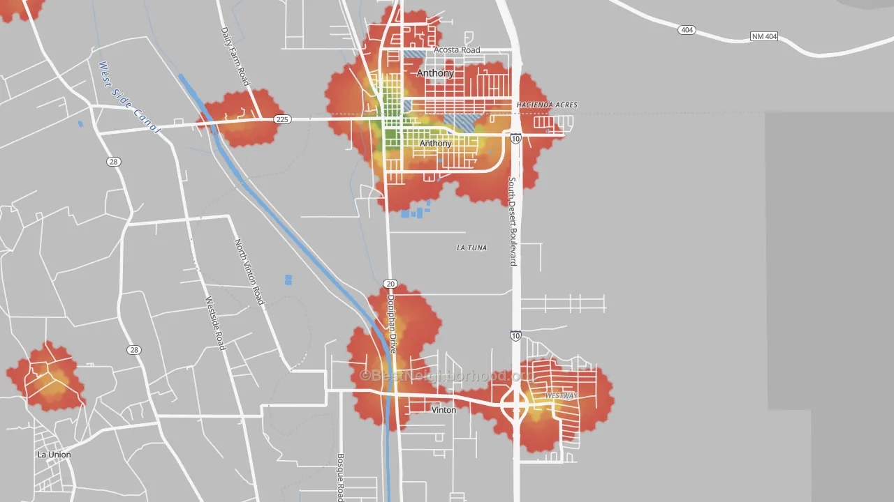 Walk Grade map of 79821, TX, walkable areas in green and car-dependent areas in red