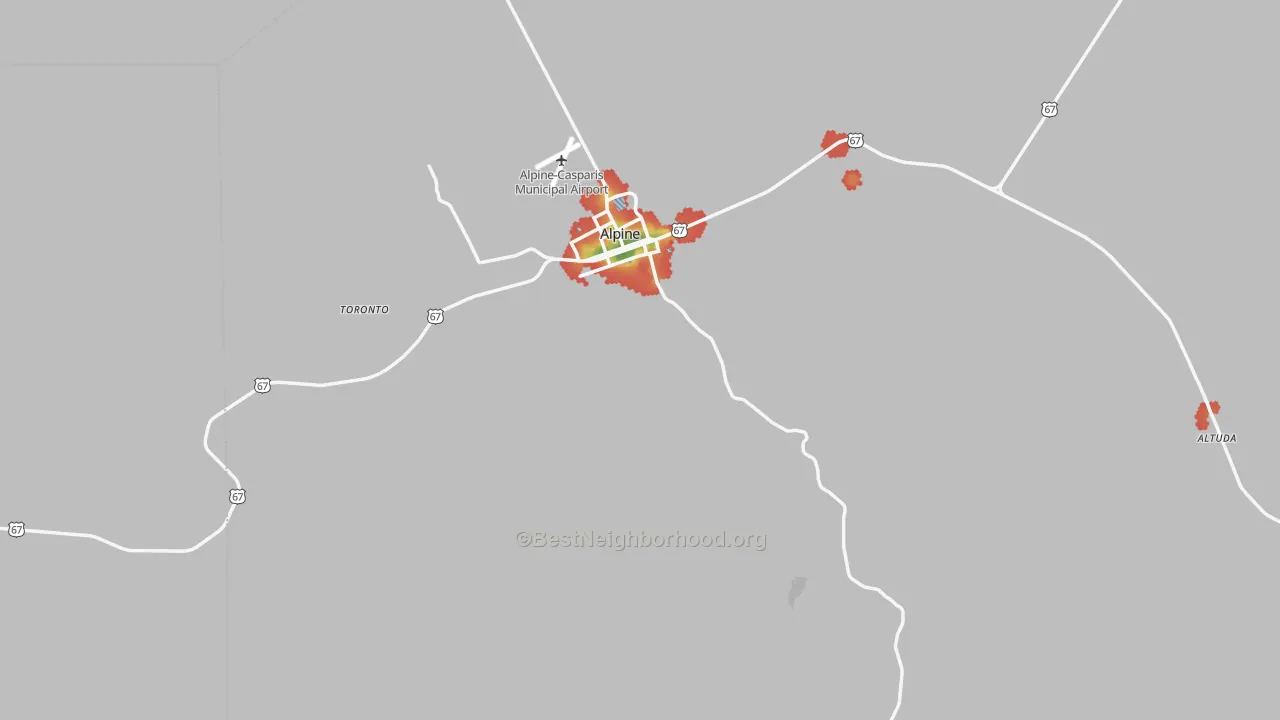 Walk Grade map of 79830, TX, walkable areas in green and car-dependent areas in red