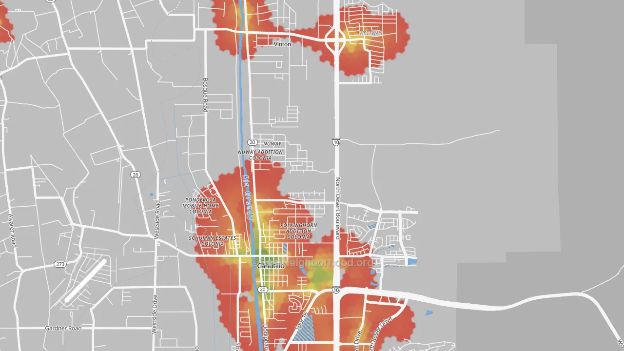 Walk Grade map of 79835, TX, walkable areas in green and car-dependent areas in red