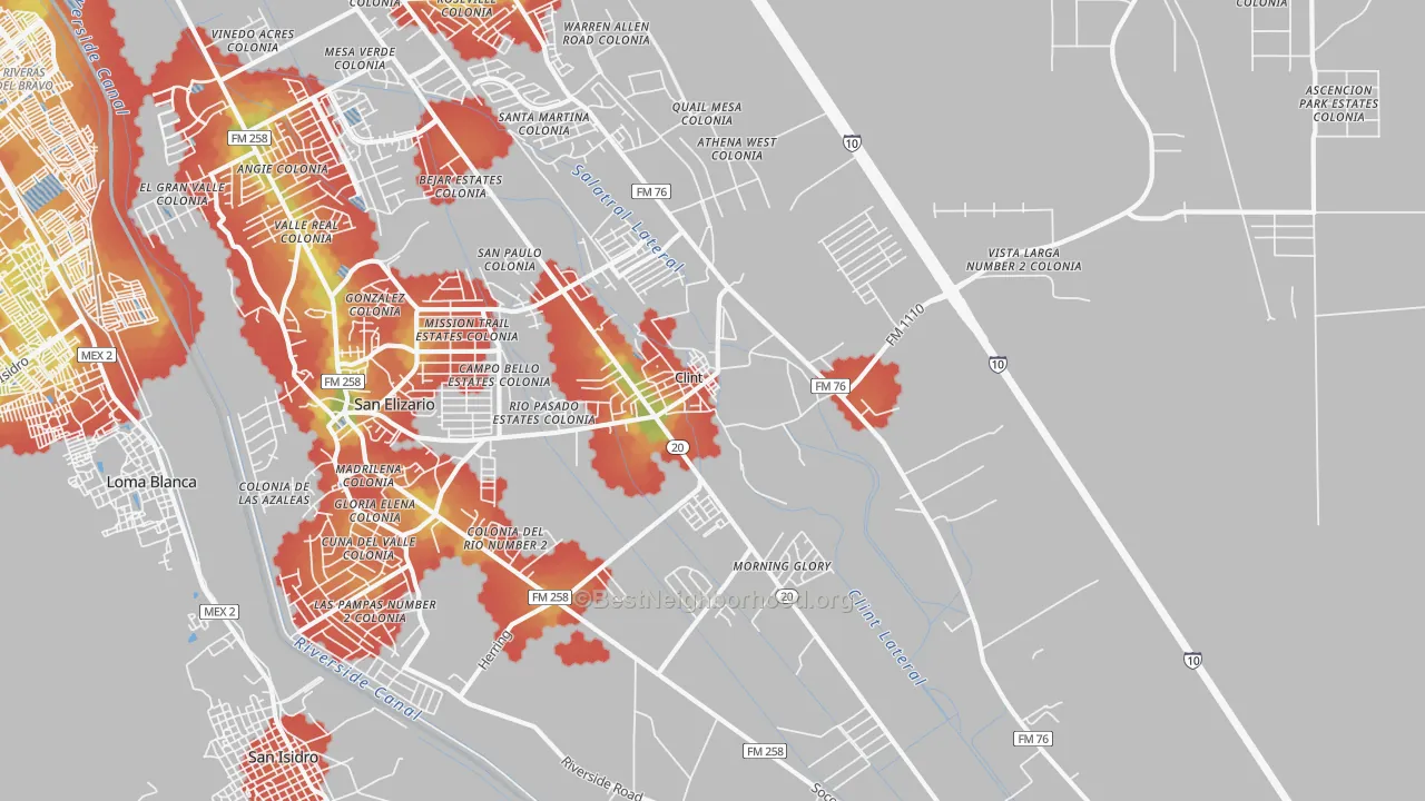 Walk Grade map of 79836, TX, walkable areas in green and car-dependent areas in red