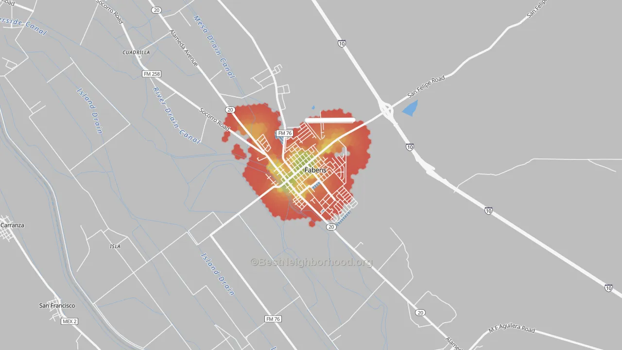 Walk Grade map of 79838, TX, walkable areas in green and car-dependent areas in red