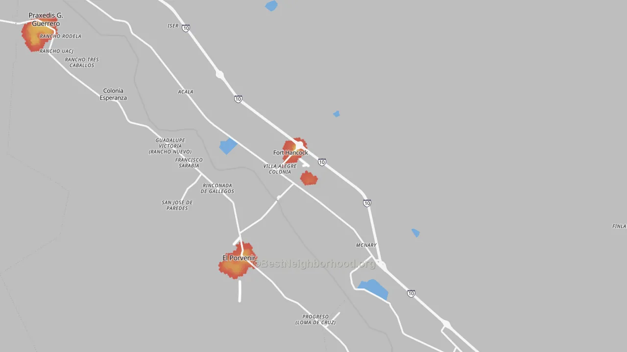 Walk Grade map of 79839, TX, walkable areas in green and car-dependent areas in red