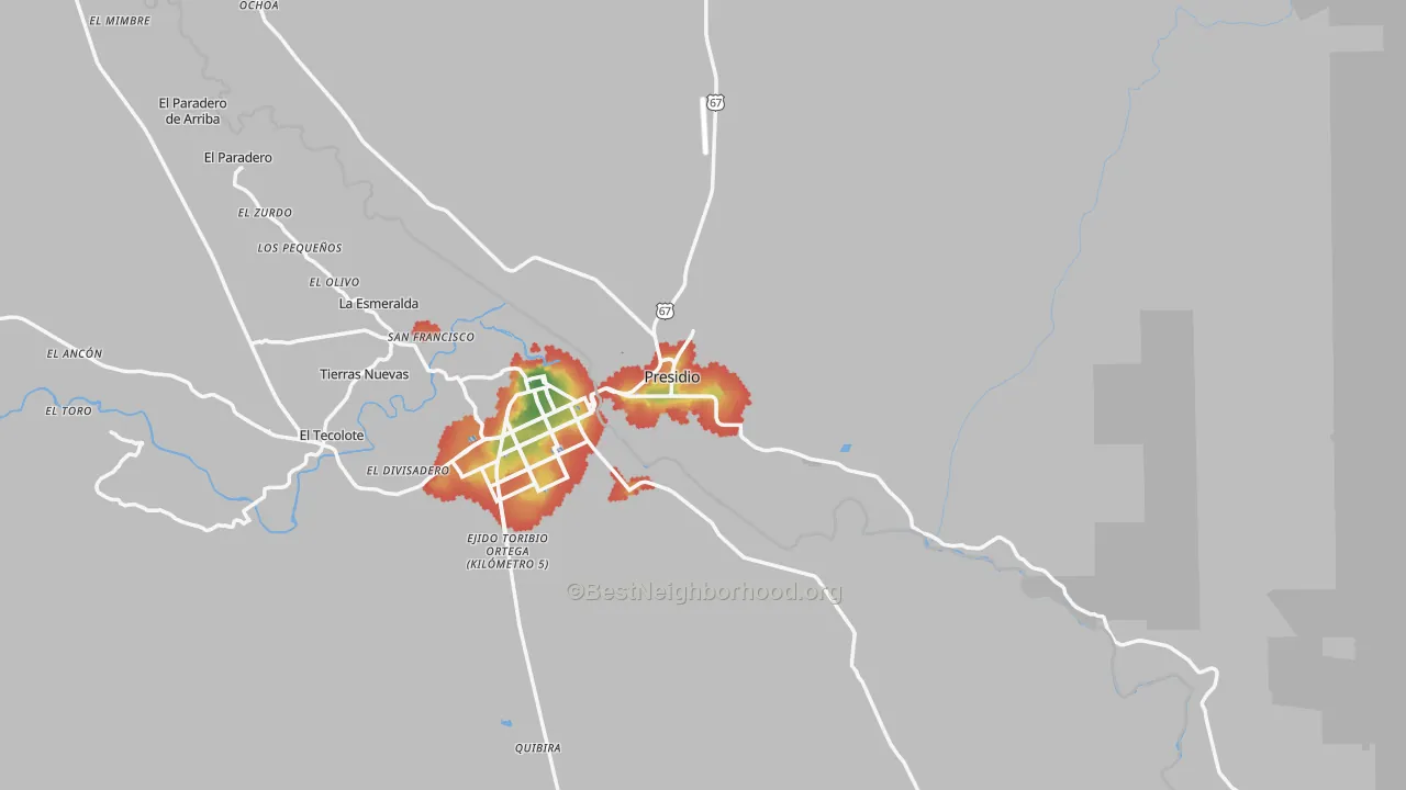 Walk Grade map of 79845, TX, walkable areas in green and car-dependent areas in red