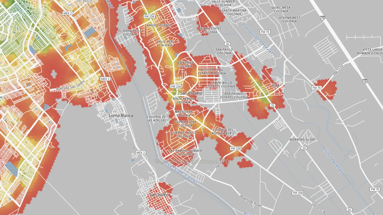 Walk Grade map of 79849, TX, walkable areas in green and car-dependent areas in red