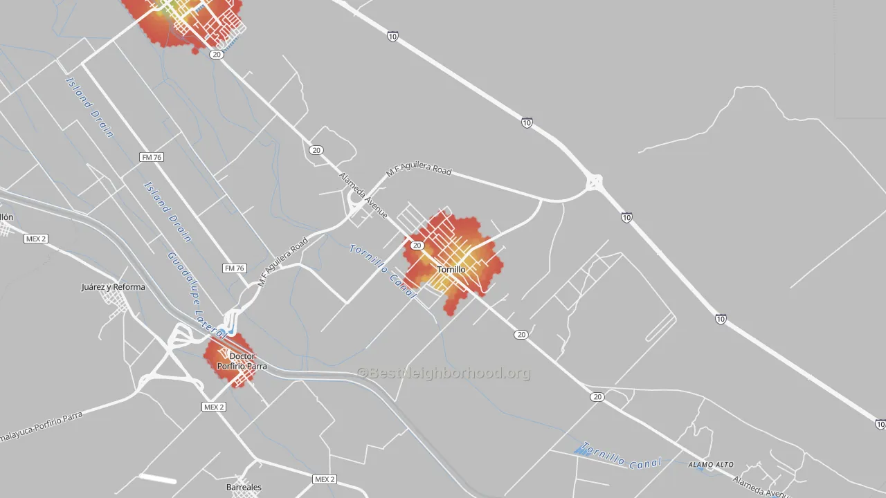 Walk Grade map of 79853, TX, walkable areas in green and car-dependent areas in red