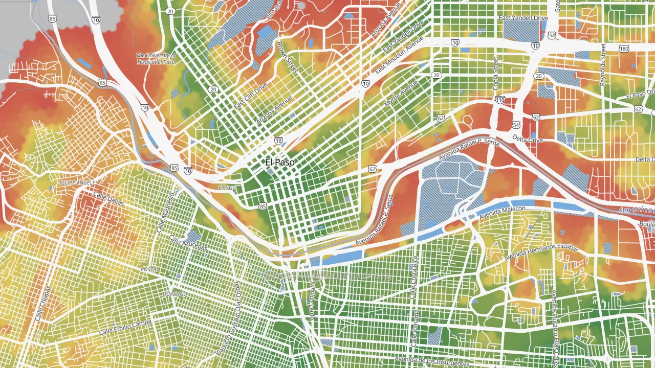 Walk Grade map of 79901, TX, walkable areas in green and car-dependent areas in red