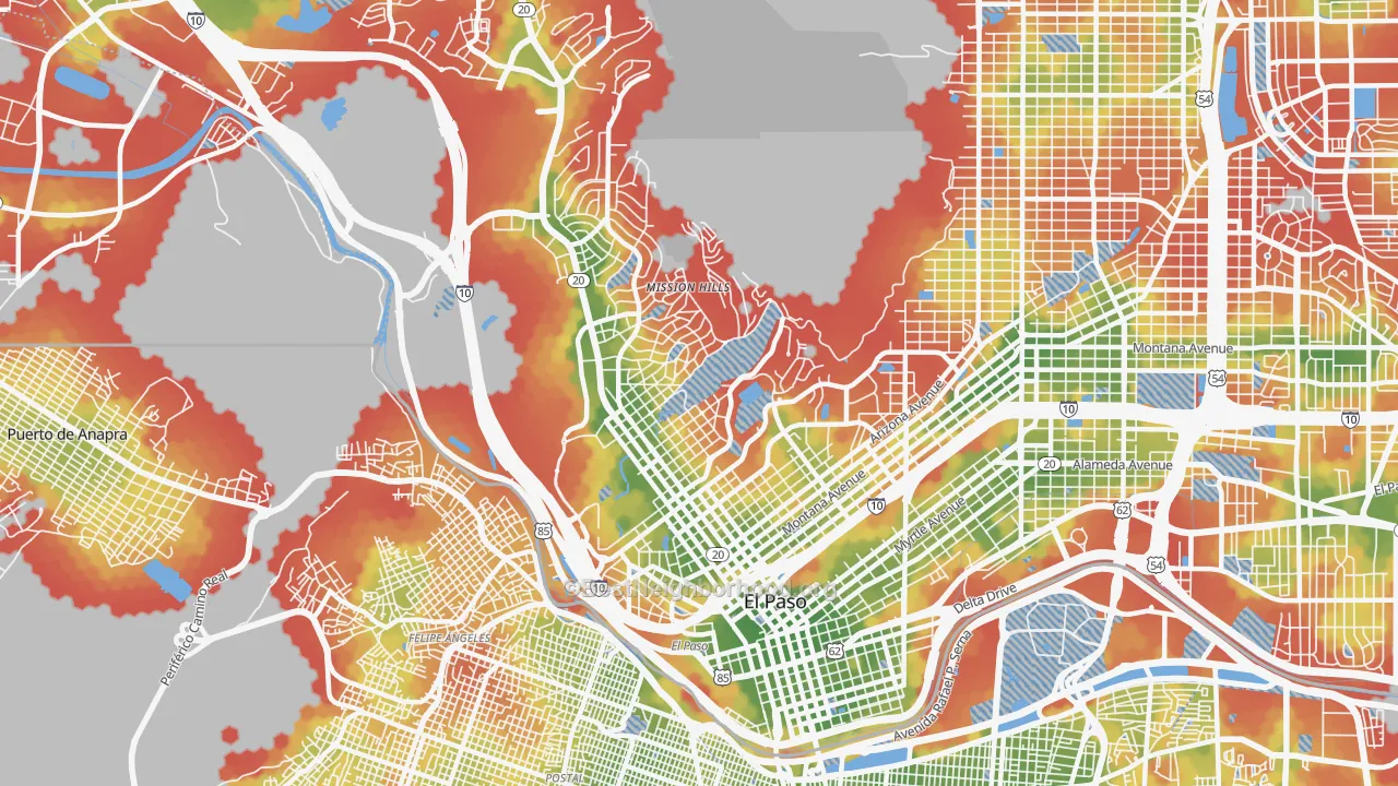 Walk Grade map of 79902, TX, walkable areas in green and car-dependent areas in red