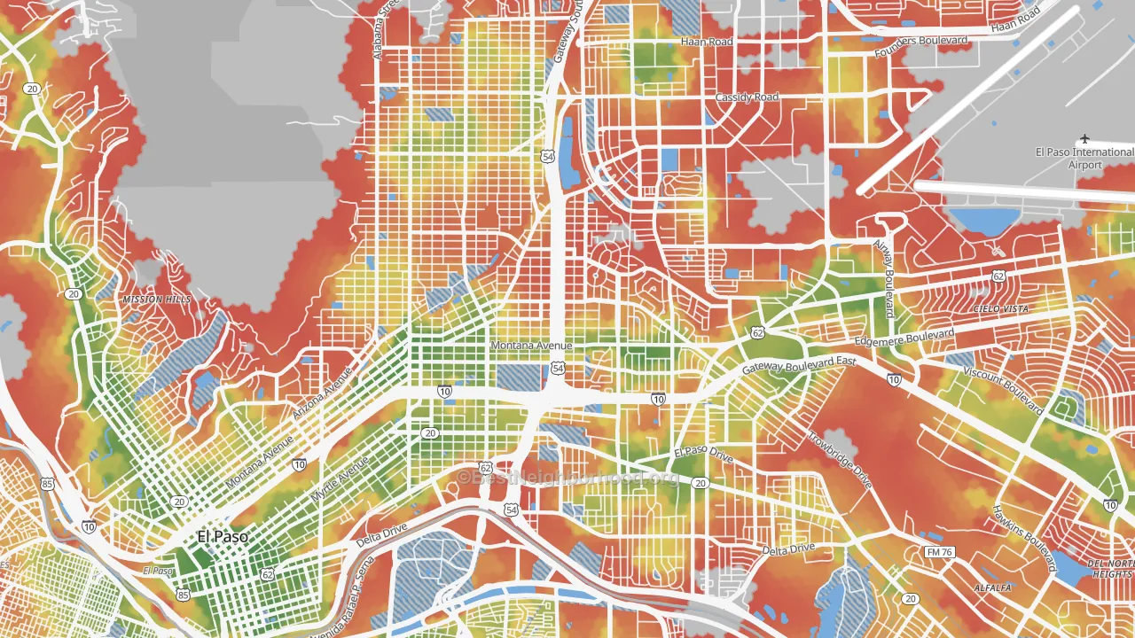 Walk Grade map of 79903, TX, walkable areas in green and car-dependent areas in red