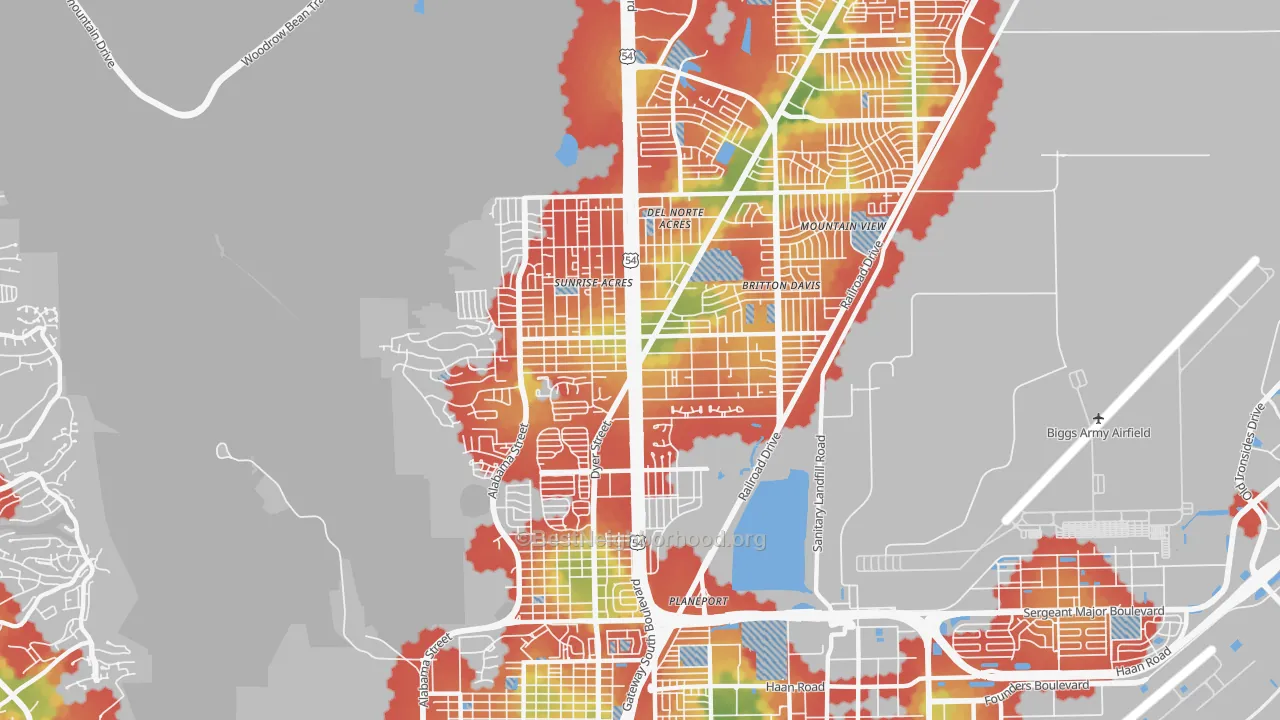 Walk Grade map of 79904, TX, walkable areas in green and car-dependent areas in red