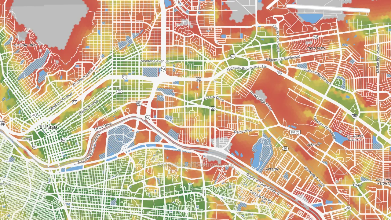 Walk Grade map of 79905, TX, walkable areas in green and car-dependent areas in red