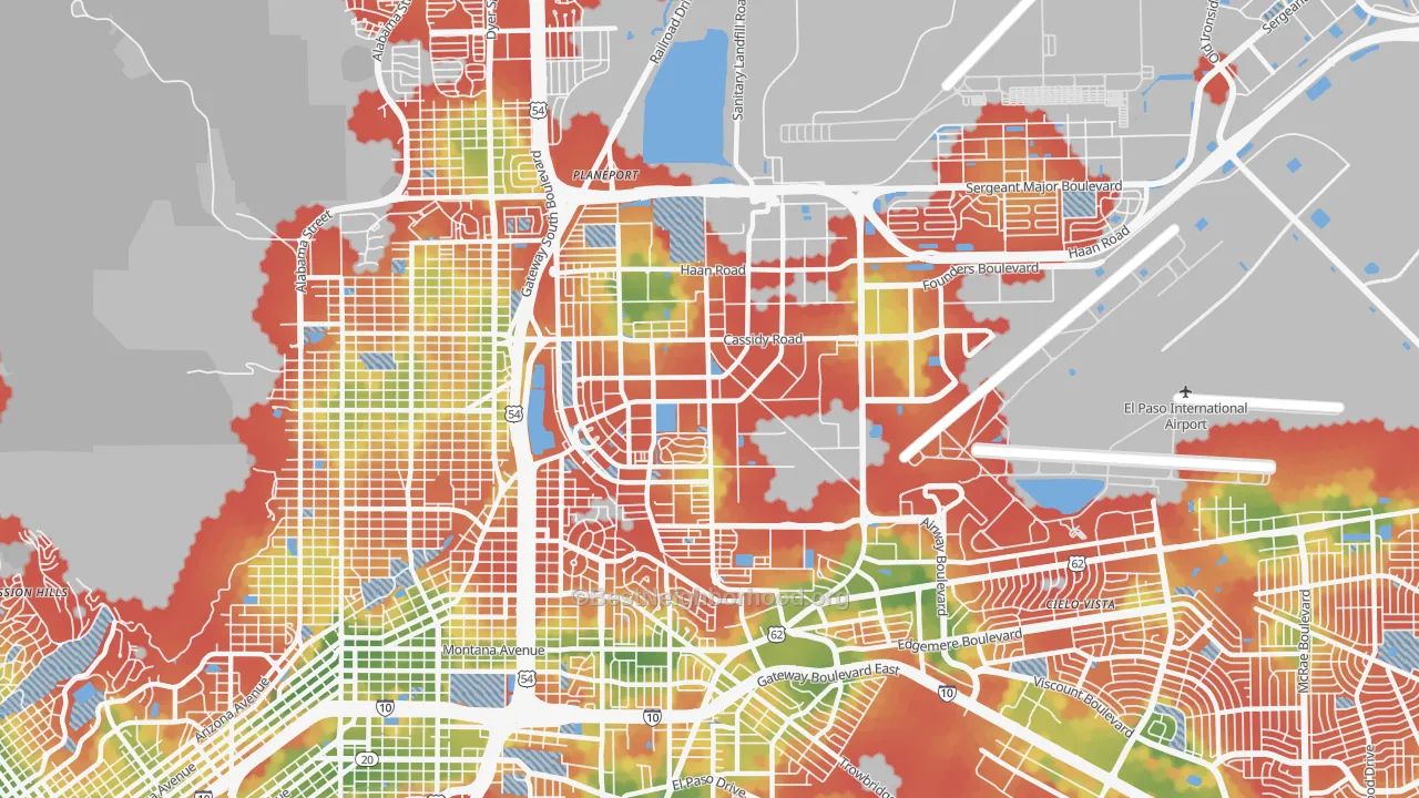 Walk Grade map of 79906, TX, walkable areas in green and car-dependent areas in red