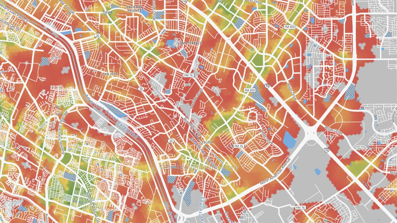 Walk Grade map of 79907, TX, walkable areas in green and car-dependent areas in red