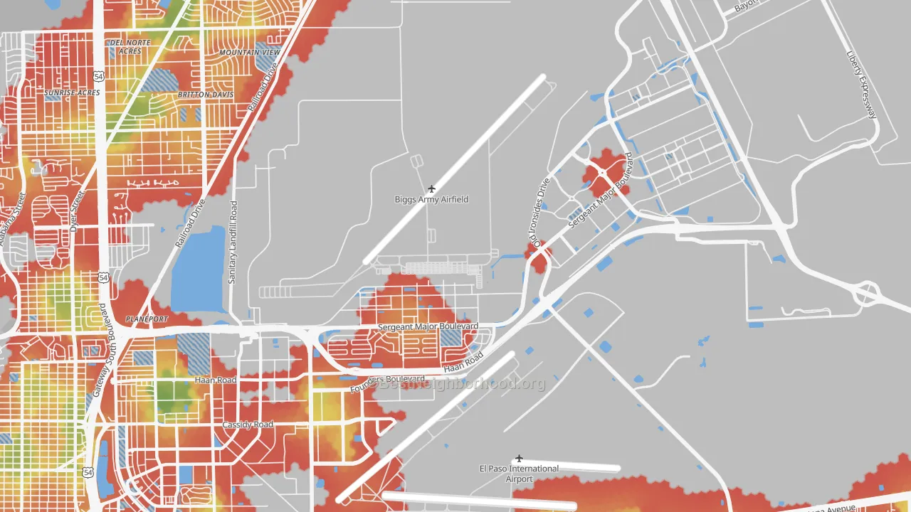 Walk Grade map of 79908, TX, walkable areas in green and car-dependent areas in red