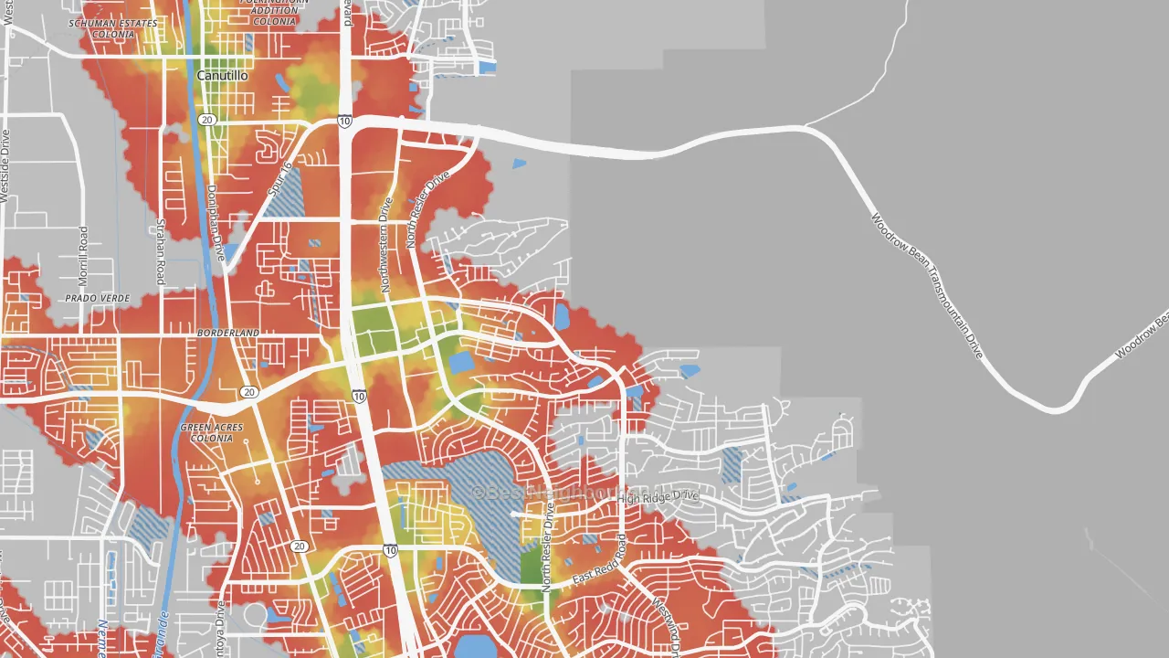 Walk Grade map of 79911, TX, walkable areas in green and car-dependent areas in red