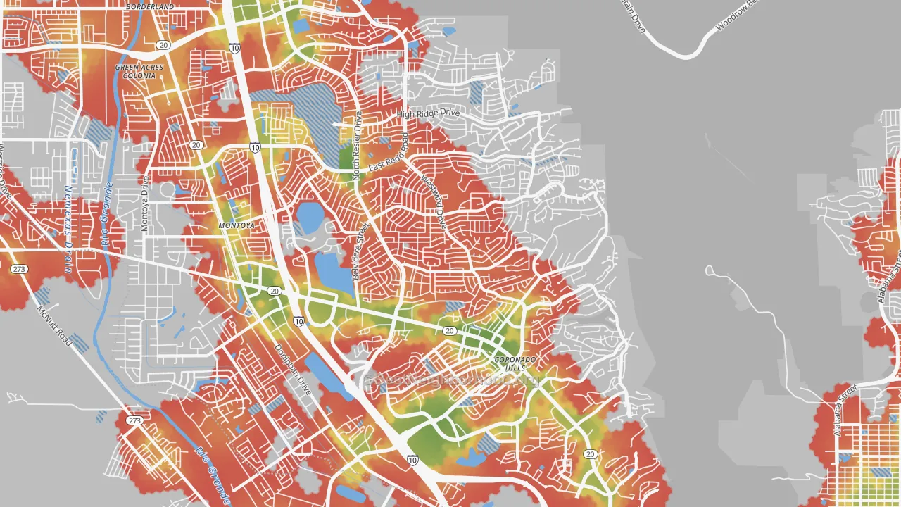 Walk Grade map of 79912, TX, walkable areas in green and car-dependent areas in red