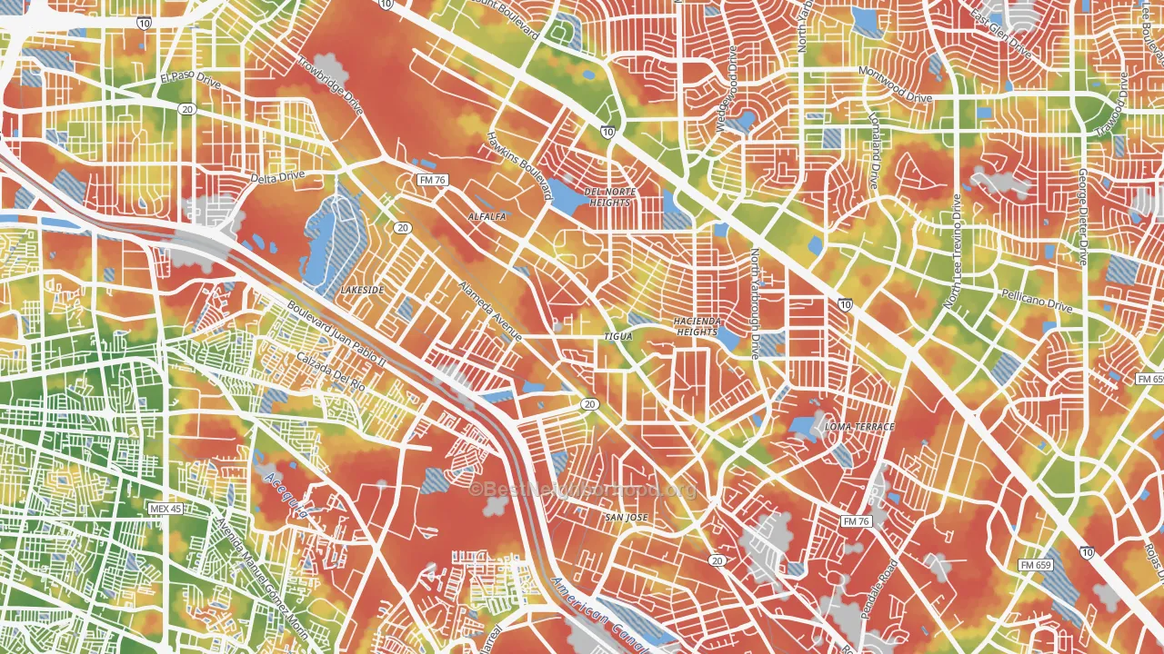 Walk Grade map of 79915, TX, walkable areas in green and car-dependent areas in red