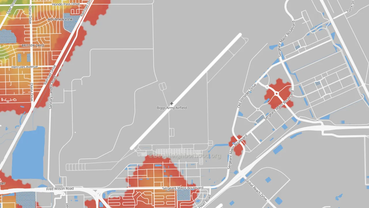 Walk Grade map of 79918, TX, walkable areas in green and car-dependent areas in red