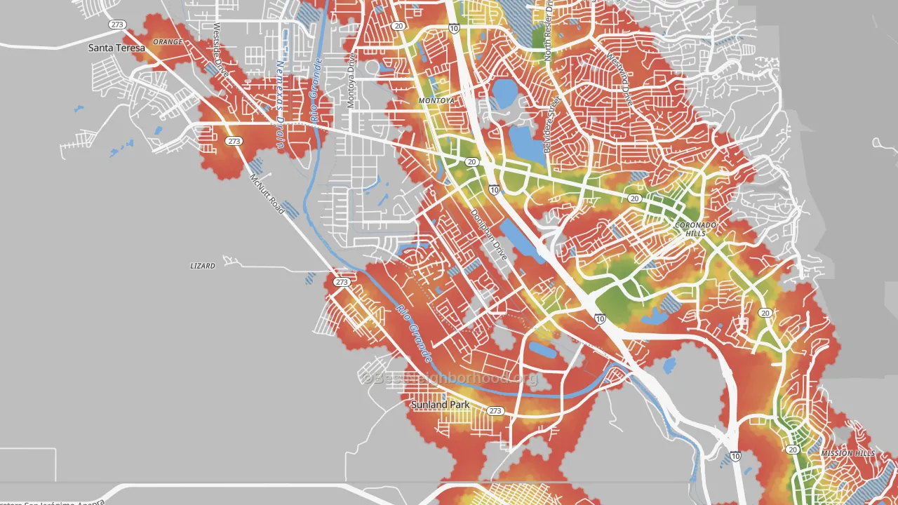 Walk Grade map of 79922, TX, walkable areas in green and car-dependent areas in red