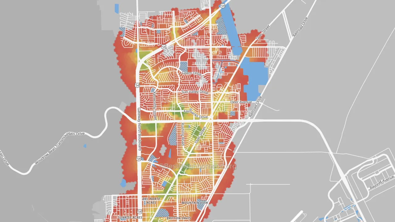 Walk Grade map of 79924, TX, walkable areas in green and car-dependent areas in red