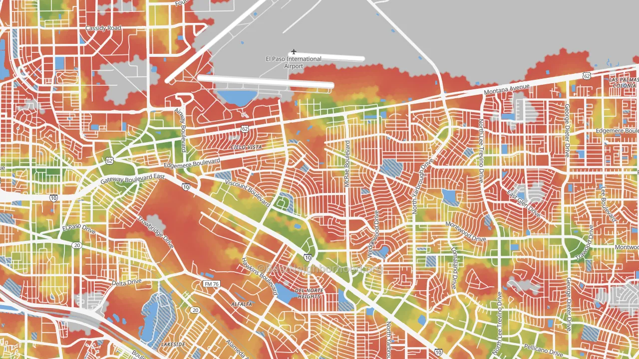 Walk Grade map of 79925, TX, walkable areas in green and car-dependent areas in red