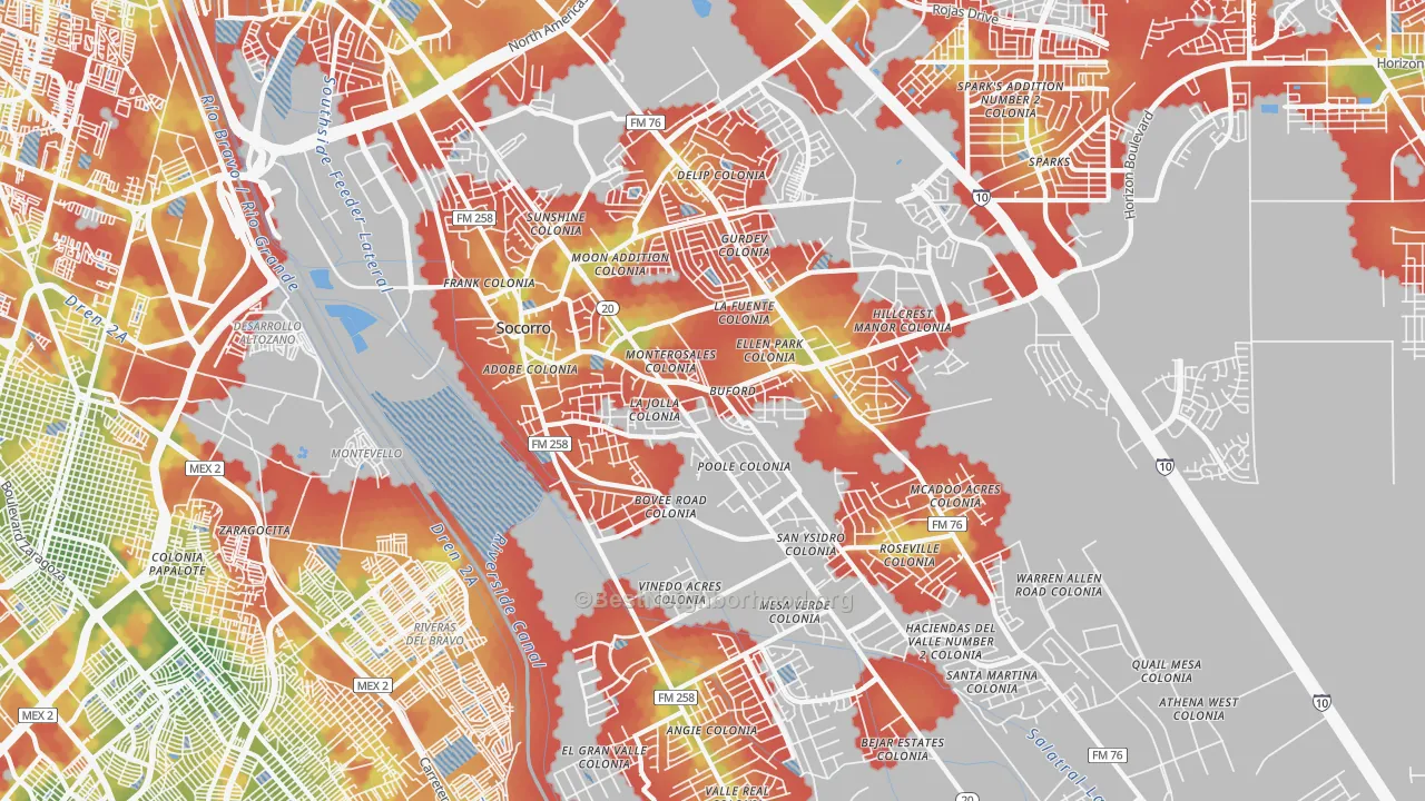 Walk Grade map of 79927, TX, walkable areas in green and car-dependent areas in red