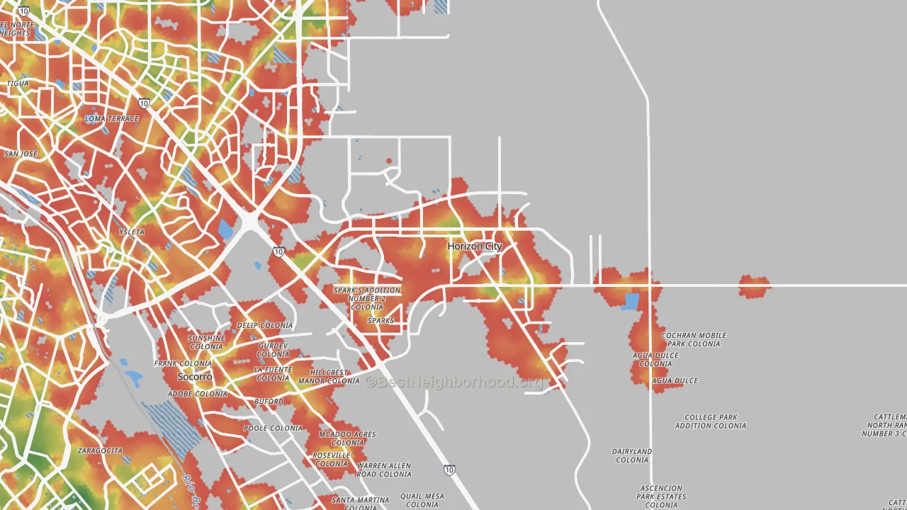 Walk Grade map of 79928, TX, walkable areas in green and car-dependent areas in red