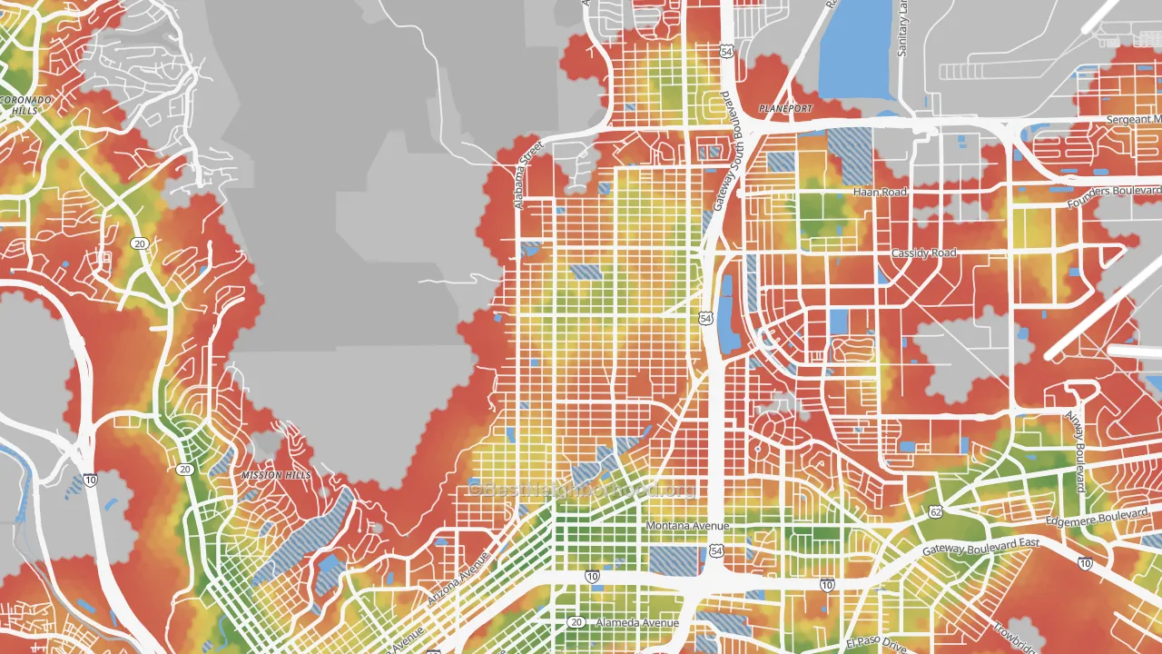 Walk Grade map of 79930, TX, walkable areas in green and car-dependent areas in red