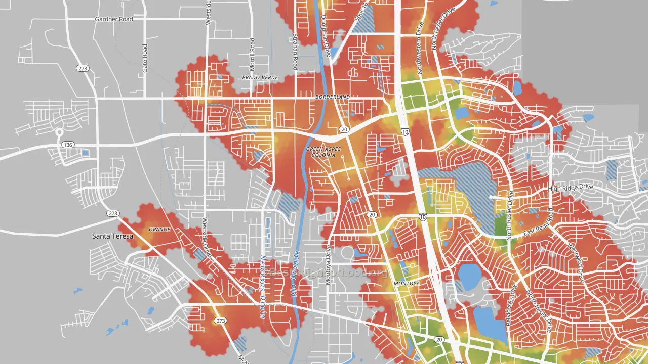 Walk Grade map of 79932, TX, walkable areas in green and car-dependent areas in red