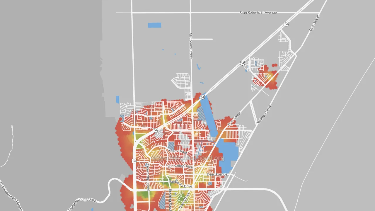 Walk Grade map of 79934, TX, walkable areas in green and car-dependent areas in red