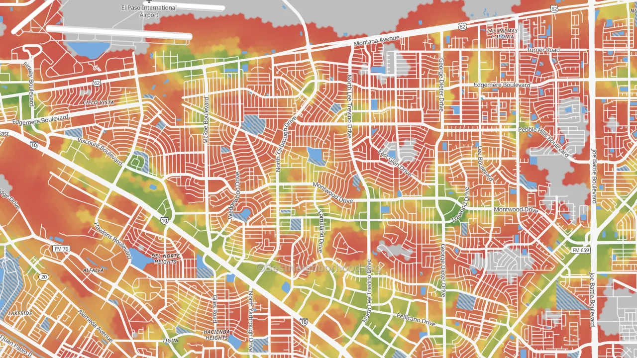 Walk Grade map of 79935, TX, walkable areas in green and car-dependent areas in red
