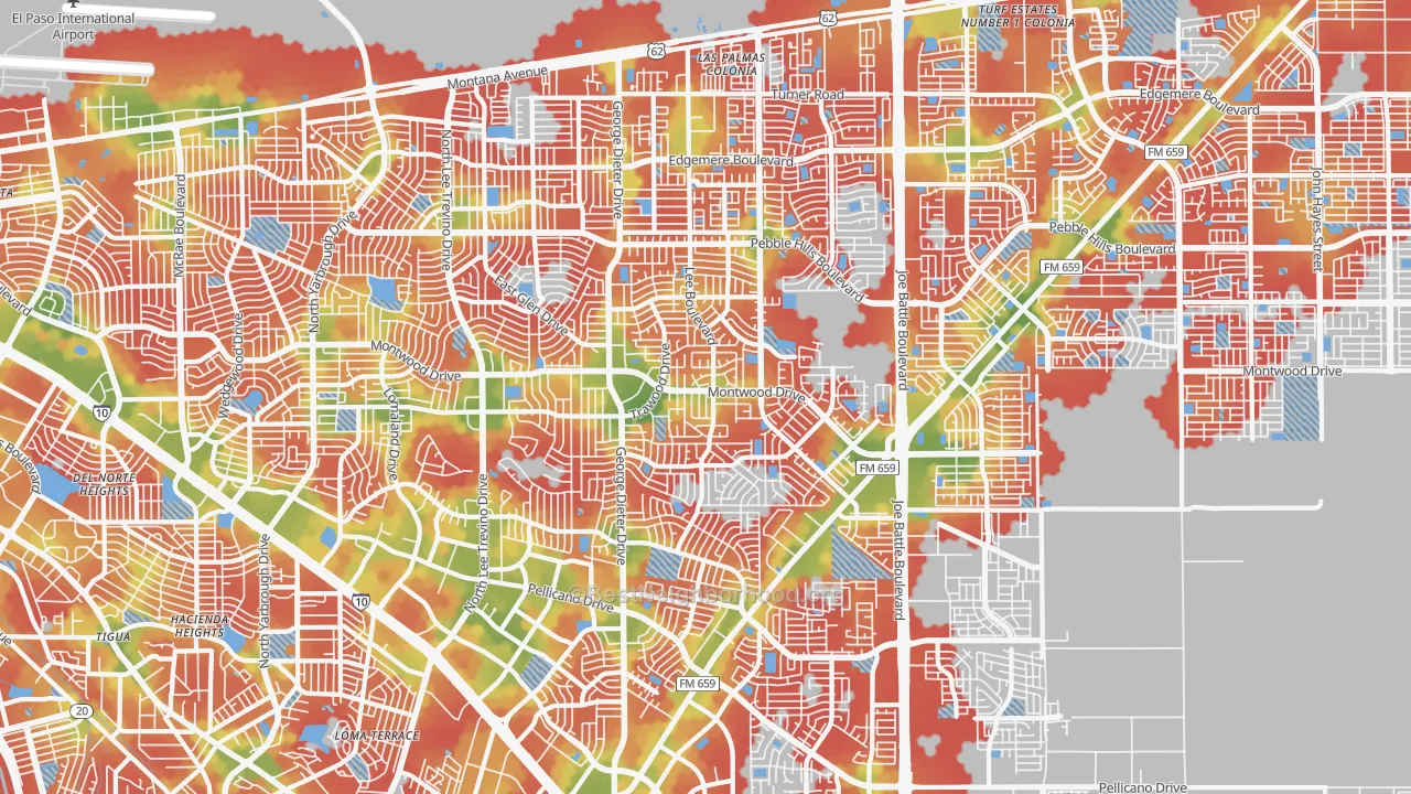 Walk Grade map of 79936, TX, walkable areas in green and car-dependent areas in red