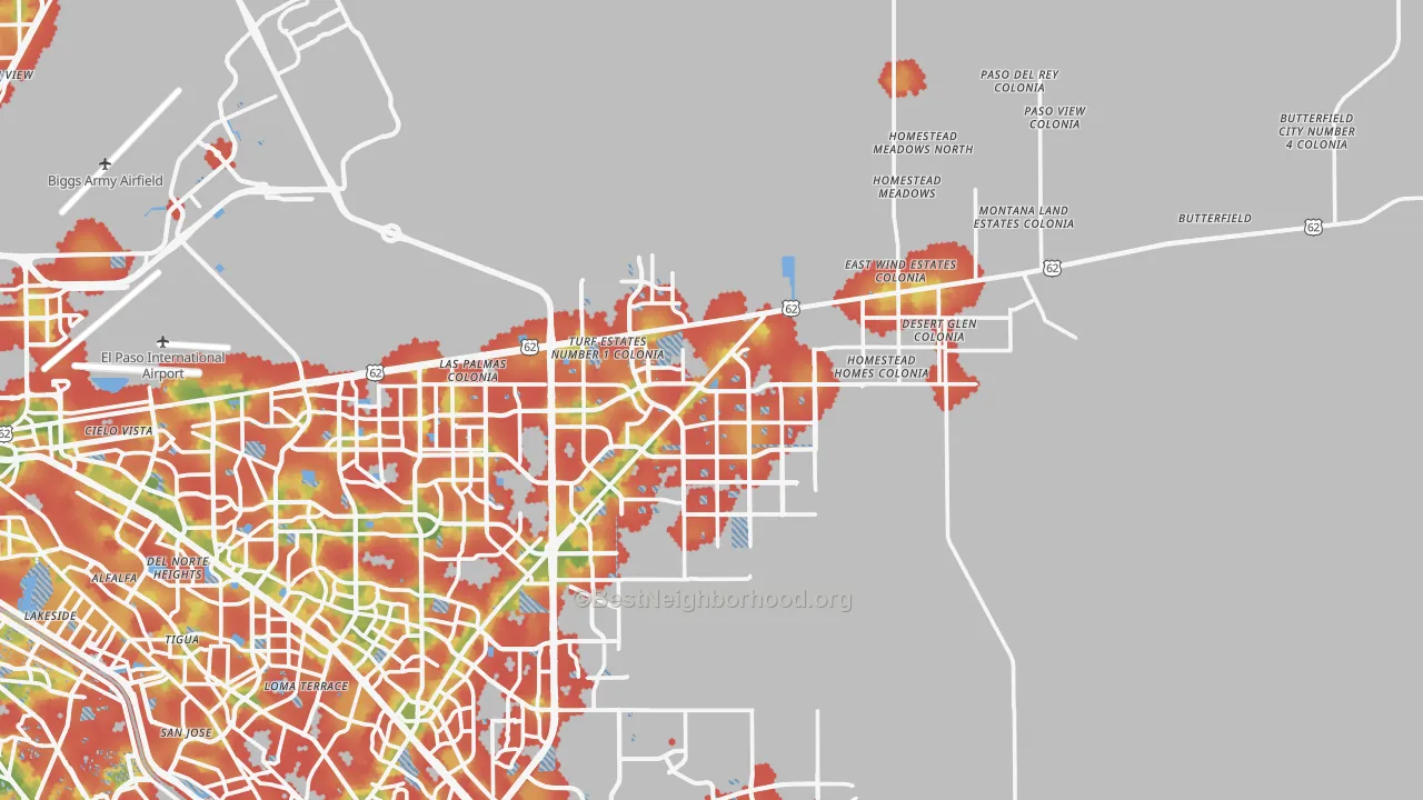 Walk Grade map of 79938, TX, walkable areas in green and car-dependent areas in red