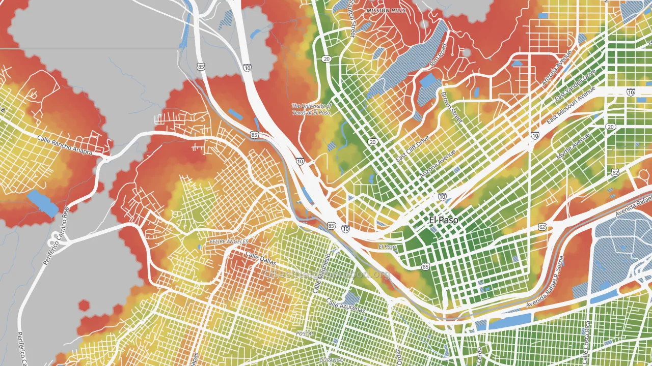Walk Grade map of 79968, TX, walkable areas in green and car-dependent areas in red
