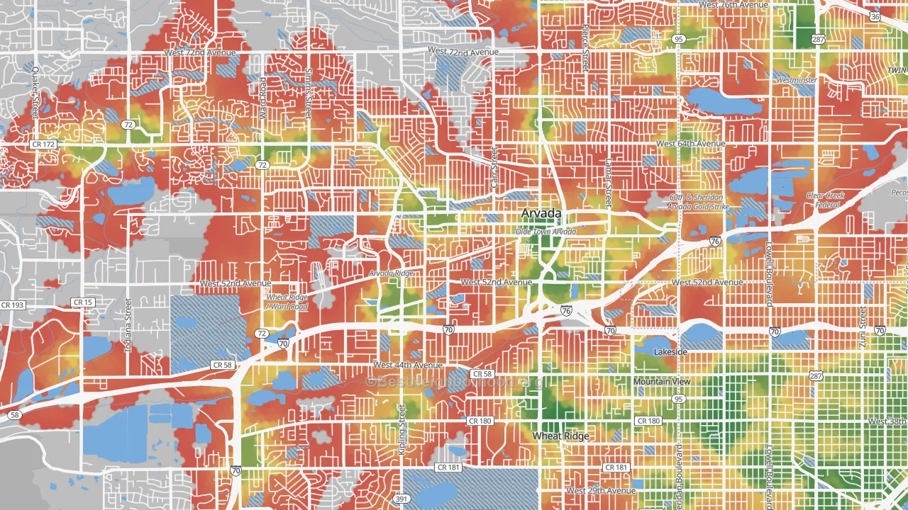 Walk Grade map of 80002, CO, walkable areas in green and car-dependent areas in red