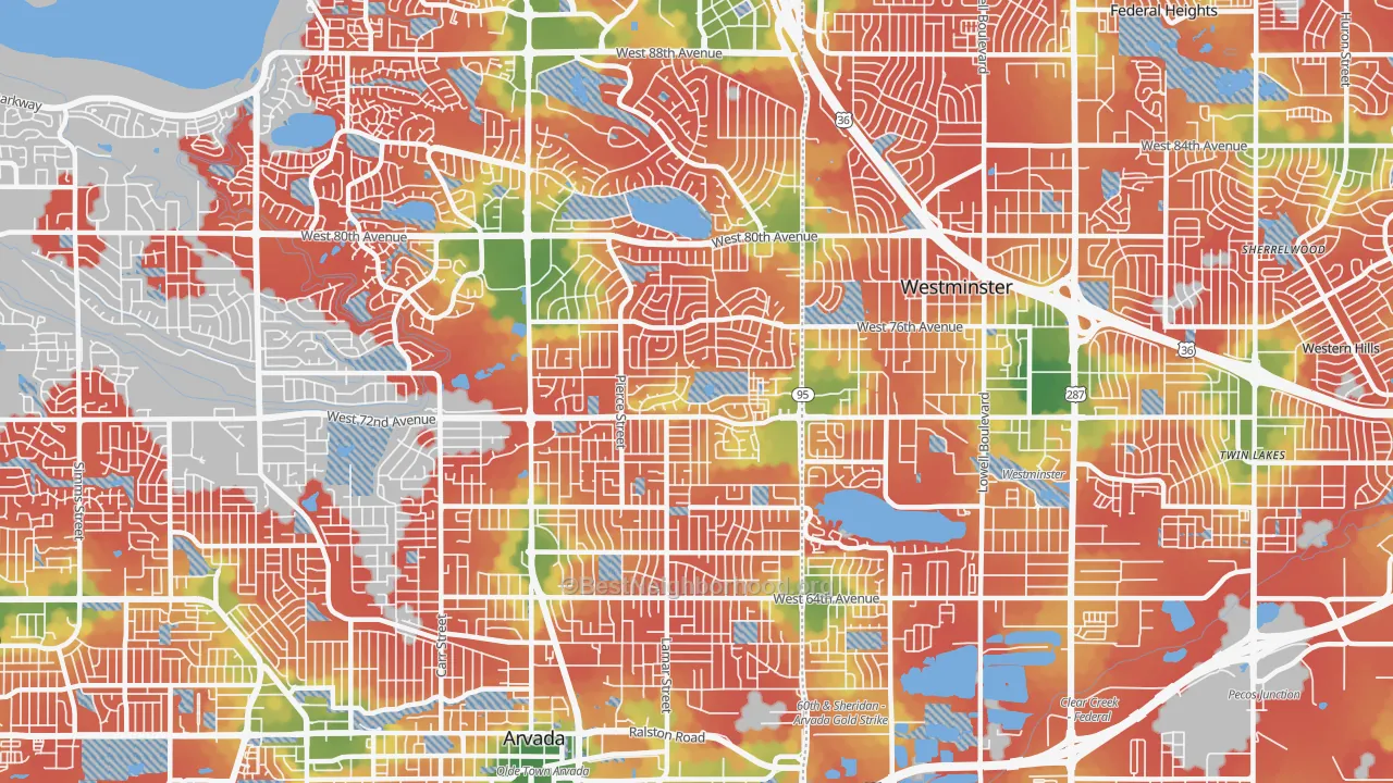 Walk Grade map of 80003, CO, walkable areas in green and car-dependent areas in red
