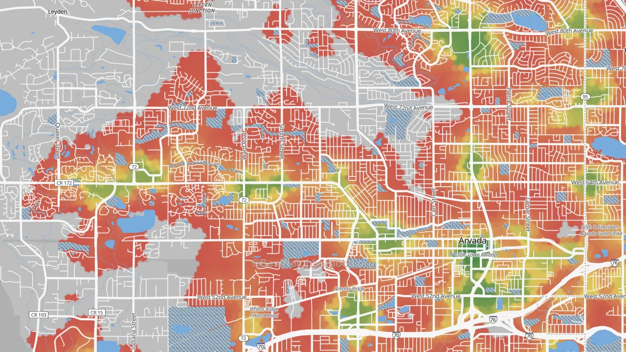 Walk Grade map of 80004, CO, walkable areas in green and car-dependent areas in red