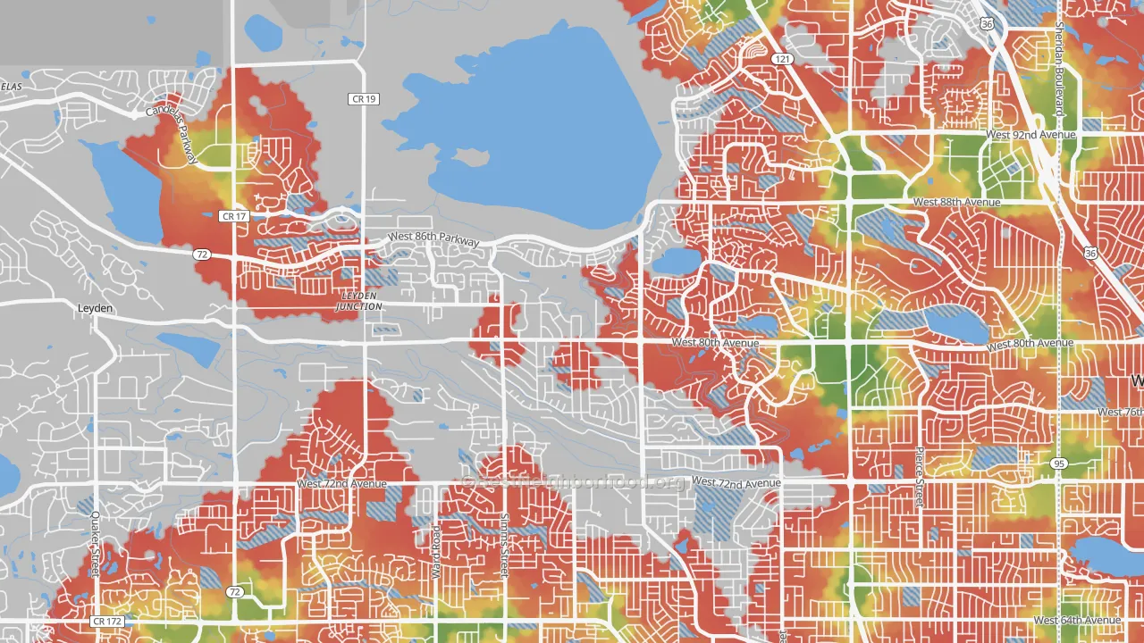 Walk Grade map of 80005, CO, walkable areas in green and car-dependent areas in red