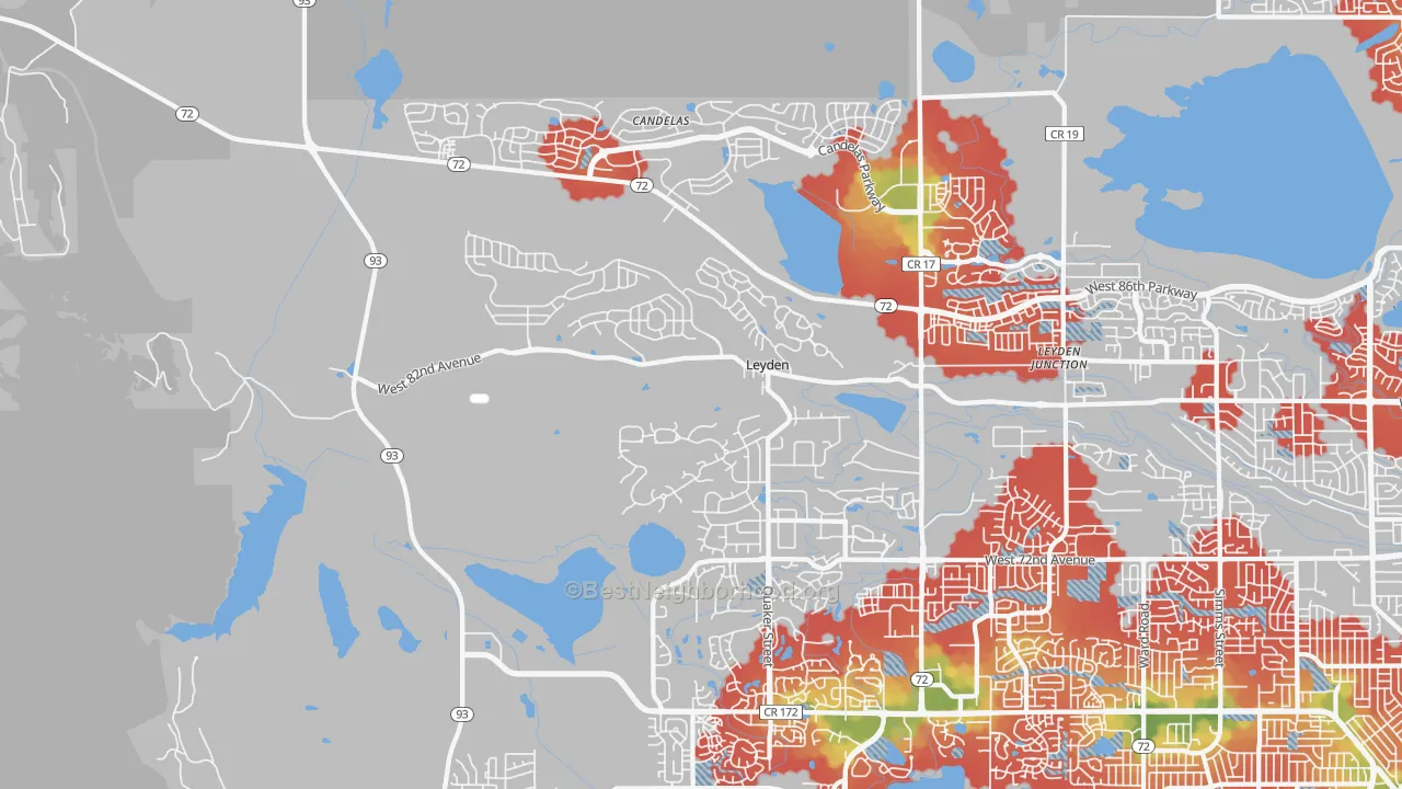 Walk Grade map of 80007, CO, walkable areas in green and car-dependent areas in red
