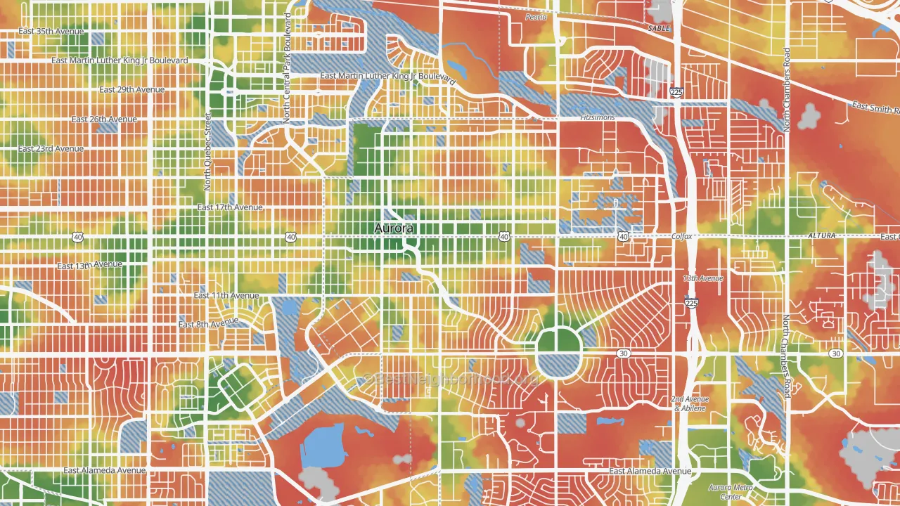 Walk Grade map of 80010, CO, walkable areas in green and car-dependent areas in red