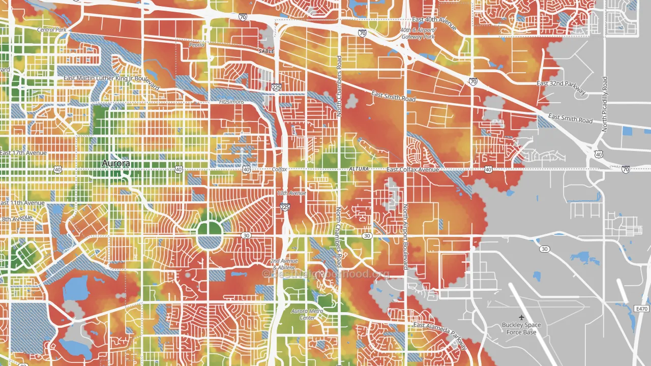 Walk Grade map of 80011, CO, walkable areas in green and car-dependent areas in red