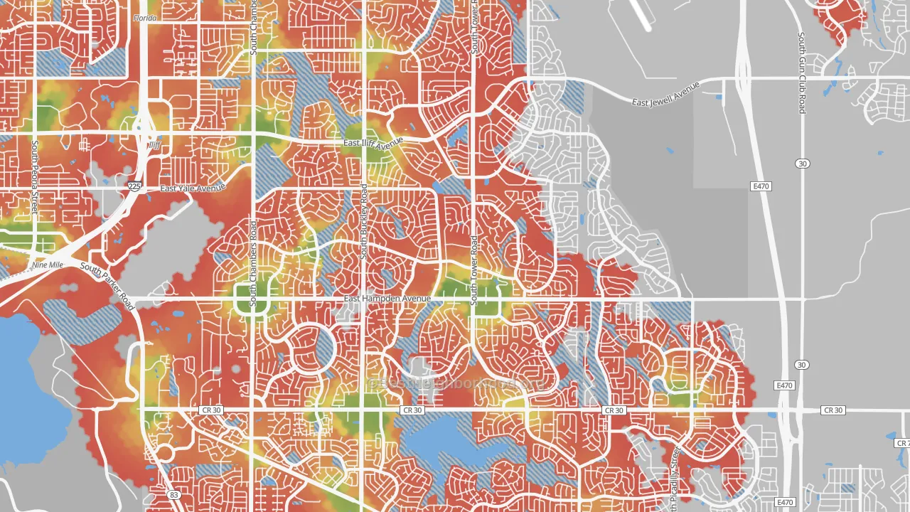 Walk Grade map of 80013, CO, walkable areas in green and car-dependent areas in red