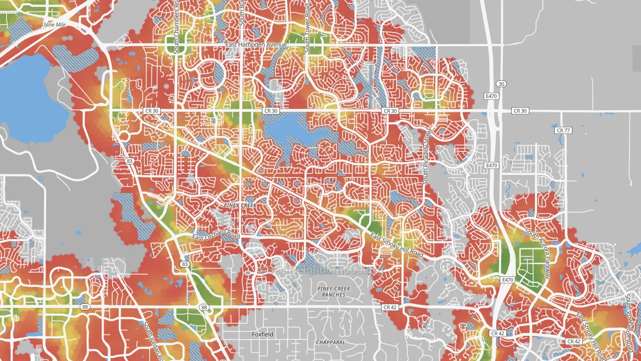Walk Grade map of 80015, CO, walkable areas in green and car-dependent areas in red