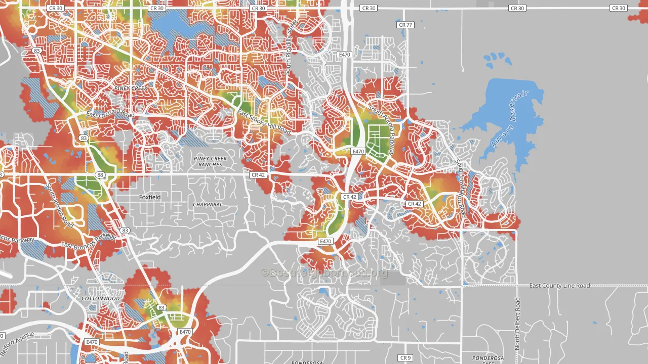 Walk Grade map of 80016, CO, walkable areas in green and car-dependent areas in red