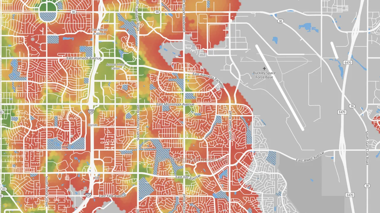 Walk Grade map of 80017, CO, walkable areas in green and car-dependent areas in red